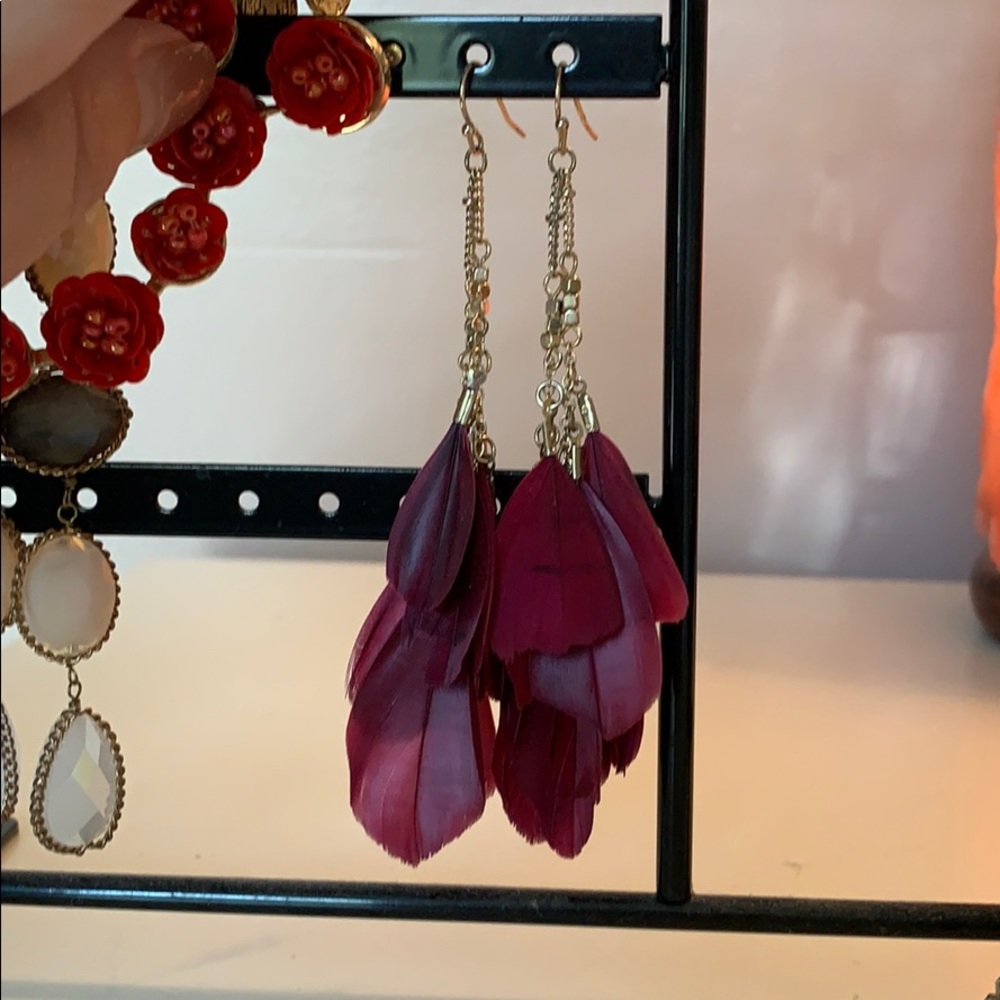 Magenta feather drop earrings